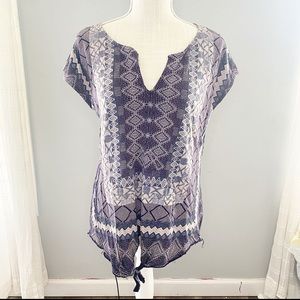 Lucky Brand Shirt Short Sleeve Bohemian Tie Front Vintage Medium Navy